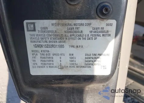 2002 Chevrolet Tahoe Lt из США, поврежденный, VIN 1GNEK13Z02R311885